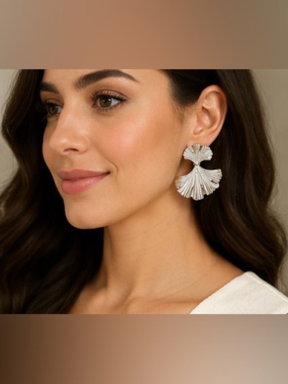 Silver-Tone Ginkgo Leaf Statement Earrings | Textured Fan Drop Earrings